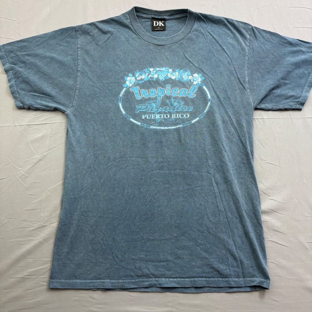 Vtg DK Tropical Paradise Puerto Rico Vintage Graphic T-Shirt Blue Mens Large USA